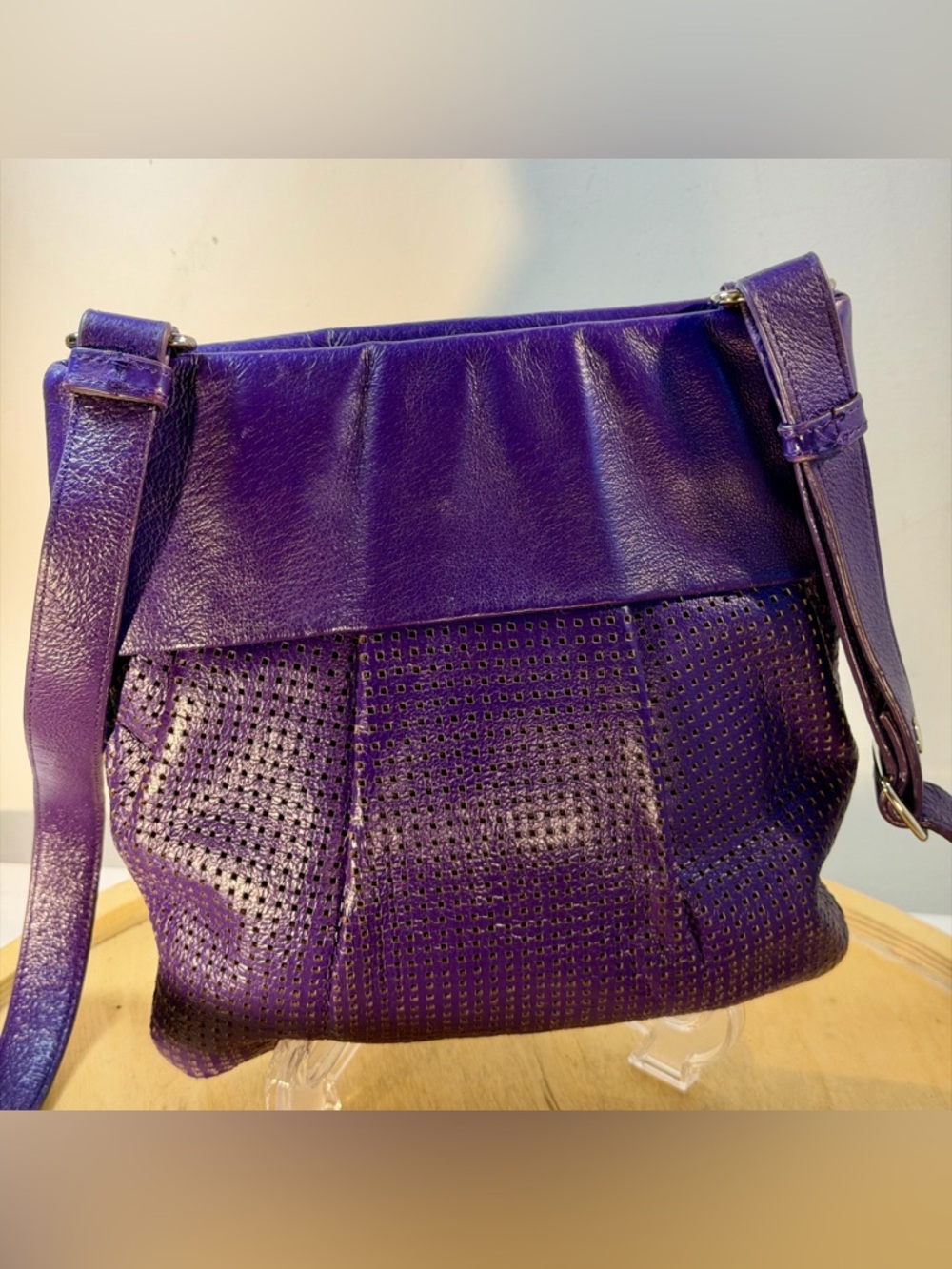 Purple Perforated Leather Crossbody Bag